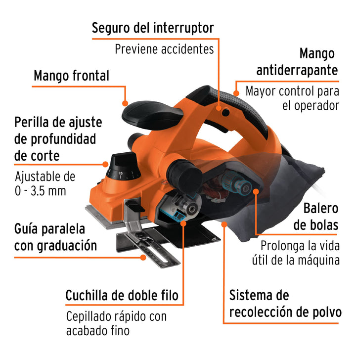 Cepillo eléctrico 3-1/4", 850W, TRUPER PRO  100502