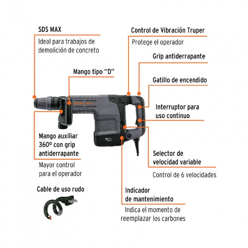 Martillo demoledor SDS Max 6 kg 14 J 1200 W, Truper Expert  100980