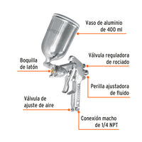 Pistola p/pintar gravedad LVMP vaso aluminio, 1.4 mm, Truper 11095