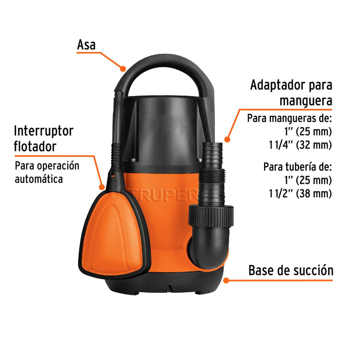 Bomba sumergible plástica, 3/4 HP para agua limpia, Truper  12600