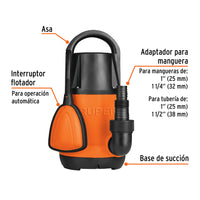 Bomba sumergible plástica, 1 HP para agua limpia, Truper 12602