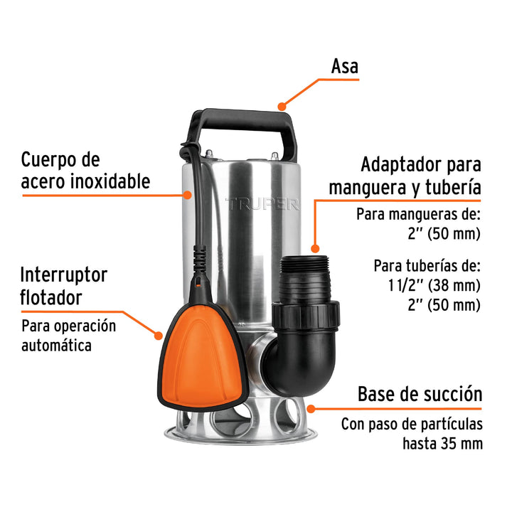 Bomba sumergible acero inoxidable, agua sucia, 1HP, Truper  12607