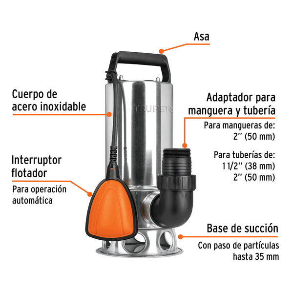 Bomba sumergible acero inoxidable,agua sucia,1-1/2HP, Truper 12608