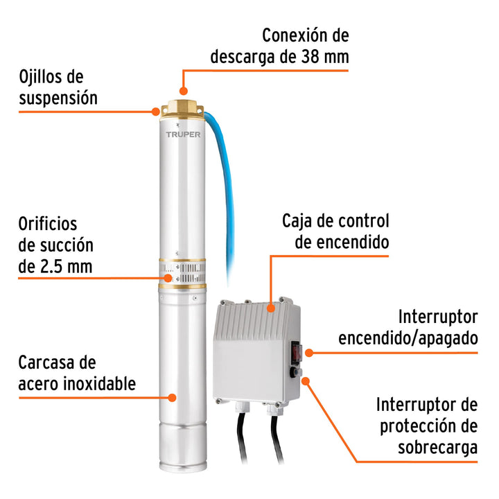 Bomba sumergible, tipo bala, 1 HP, agua limpia, Truper 12625