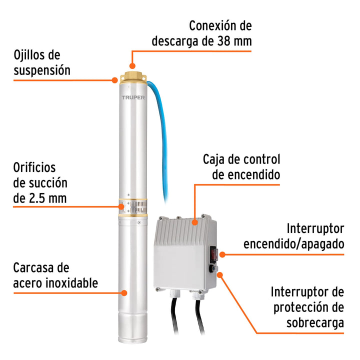 Bomba sumergible, tipo bala, 1-1/2 HP, agua limpia, Truper 12626