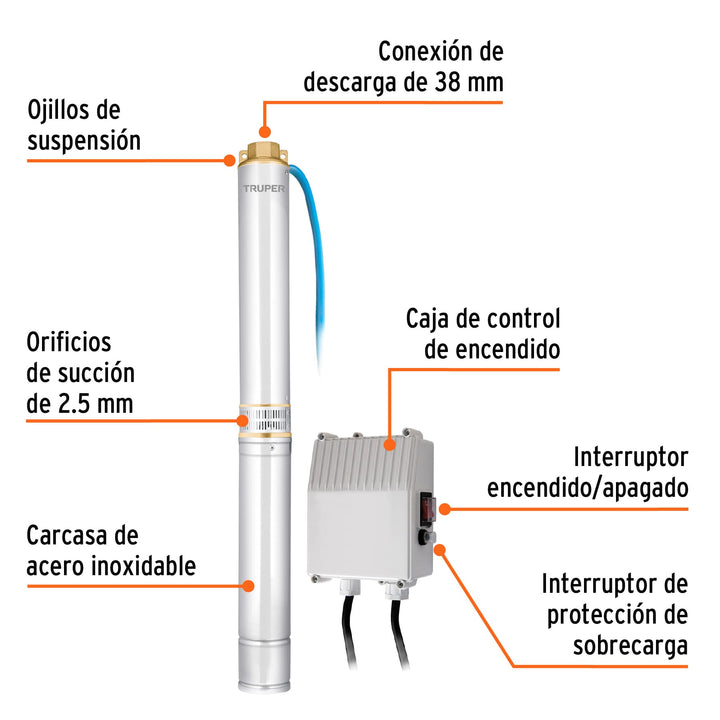 Bomba sumergible, tipo bala, 2 HP, agua limpia, Truper 12627