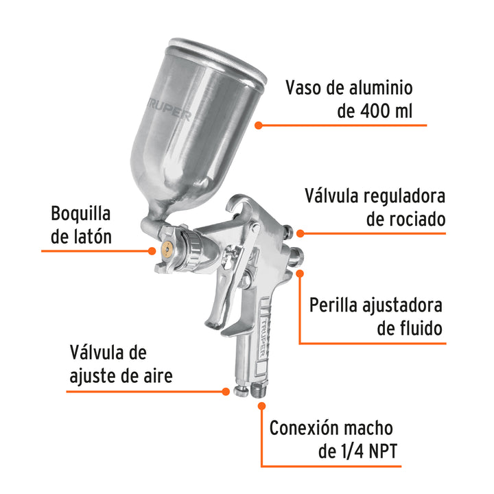 Pistola p/pintar gravedad LVMP vaso aluminio, 1.7 mm, Truper 13061