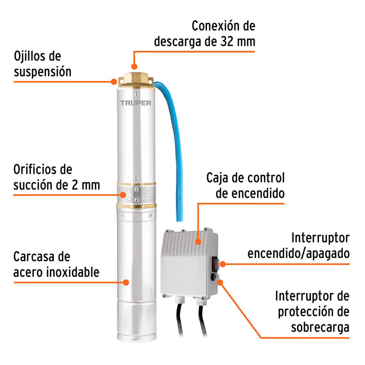 Bomba sumergible, tipo bala, 1/2 HP, agua limpia, Truper 16933