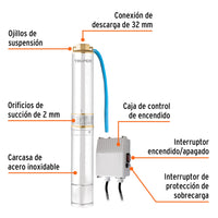 Bomba sumergible, tipo bala, 3/4 HP, agua limpia, Truper  16934