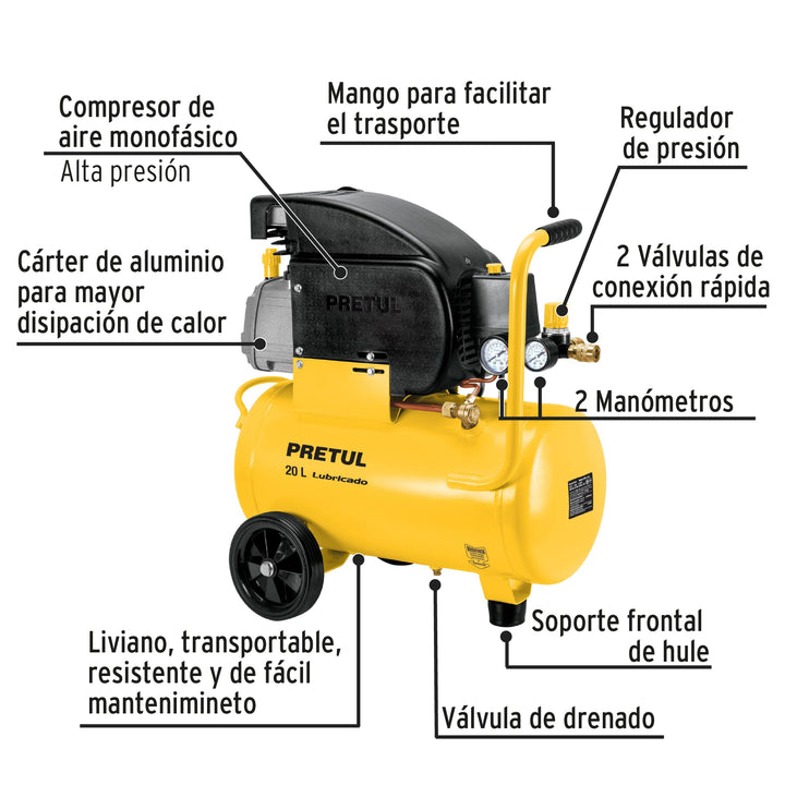 Kit Compresor de aire 20L 2½HP, manguera y pistola, Pretul